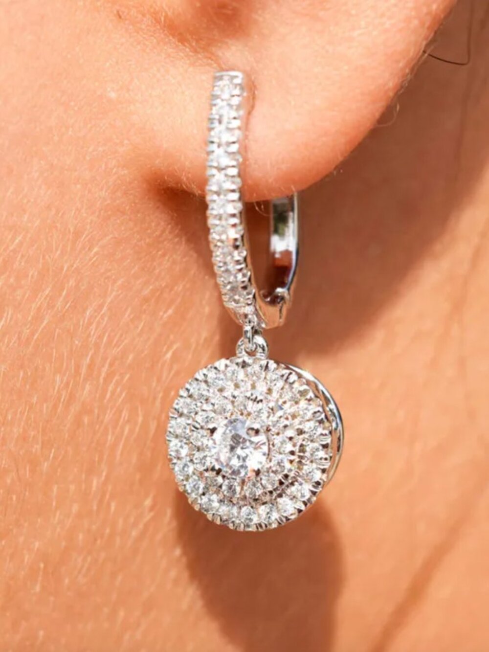 NEW 18k White Gold Diamond Hoop Drop Earrings